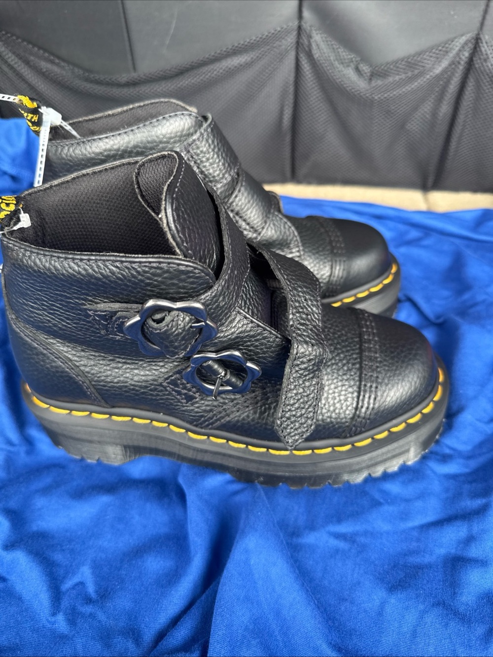 Dr. Martens Black Leather Platform Boot with Yellow Stitching and Flower Buckles